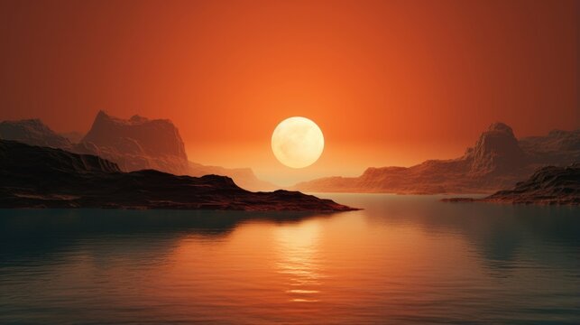 In this captivating image, a brilliant orange glow engulfs the horizon as the sun sets behind Titan, casting an otherworldly light across its mysterious landscape. Mod3f