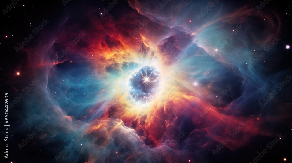 Poster an enchanting glimpse of a planetary nebula, where colorful gases swirl and merge, resembling a cosm