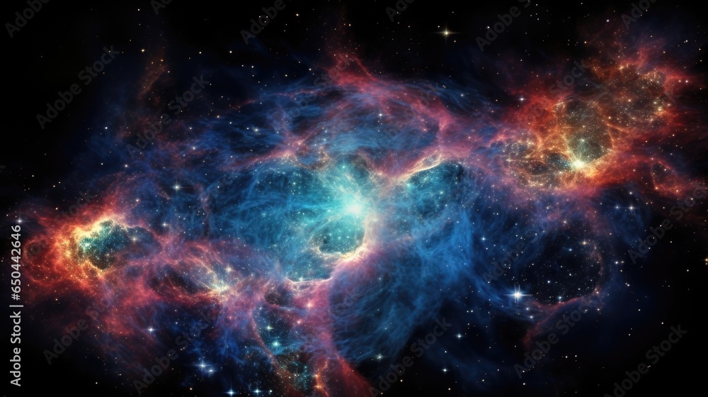 Poster an enchanting portrait of a nebula, displaying ethereal hues and intricate patterns resulting from t