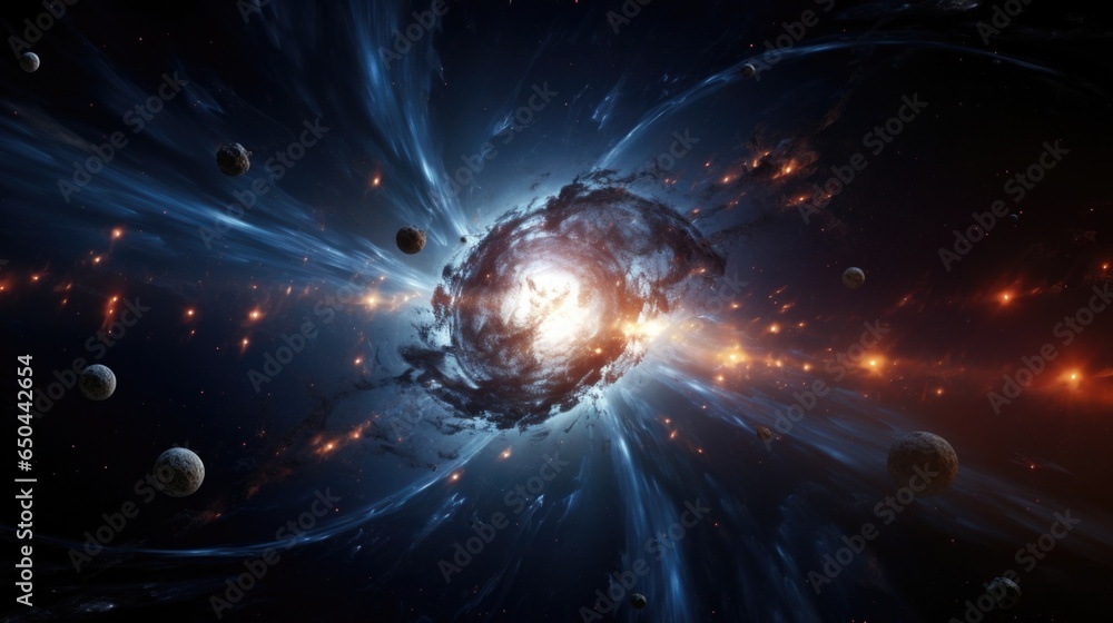 Poster a striking celestial panorama captures pulsars in action, their intense beams piercing through the d