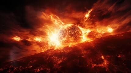 The suns surface erupts in a cataclysmic display of raw power as solar flares leap into space, unleashing a fury of intense heat and charged particles, defying gravity and reminding Mod3f - obrazy, fototapety, plakaty