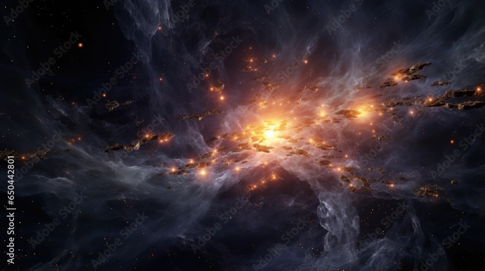 Poster against the backdrop of a vast cosmic canvas, bursts of cosmic radiation come alive, spiraling and c
