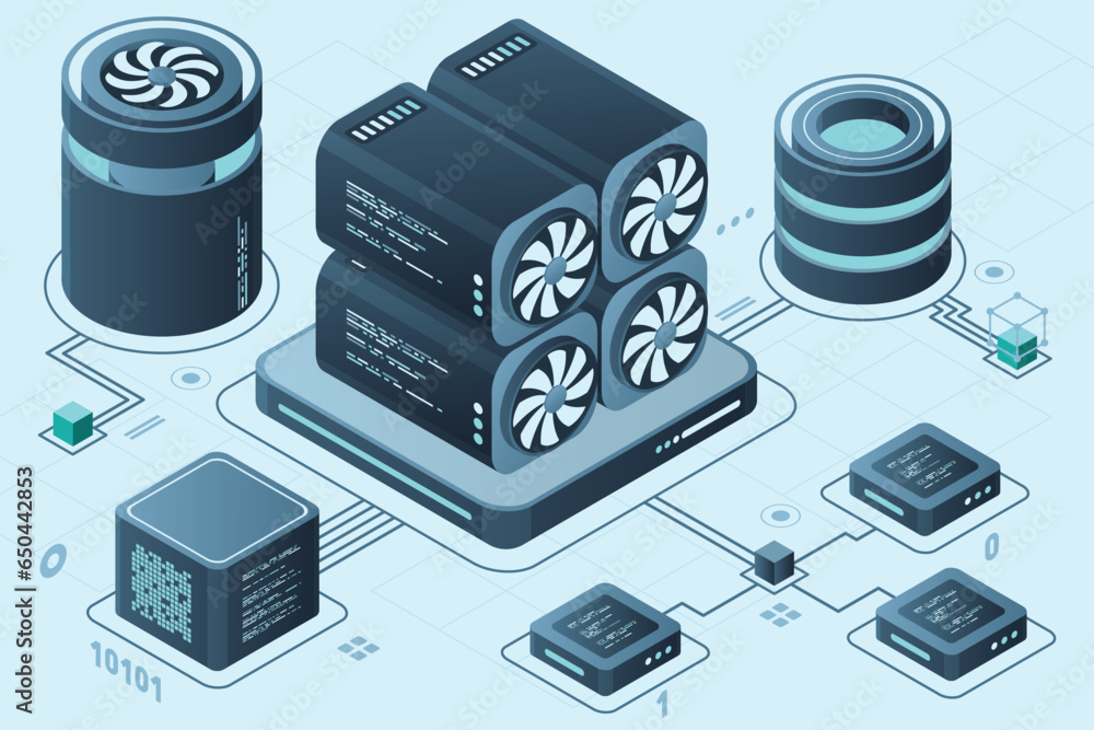Poster isometric blockchain concept. isometric cryptocurrency. platform creation of digital currency. big d