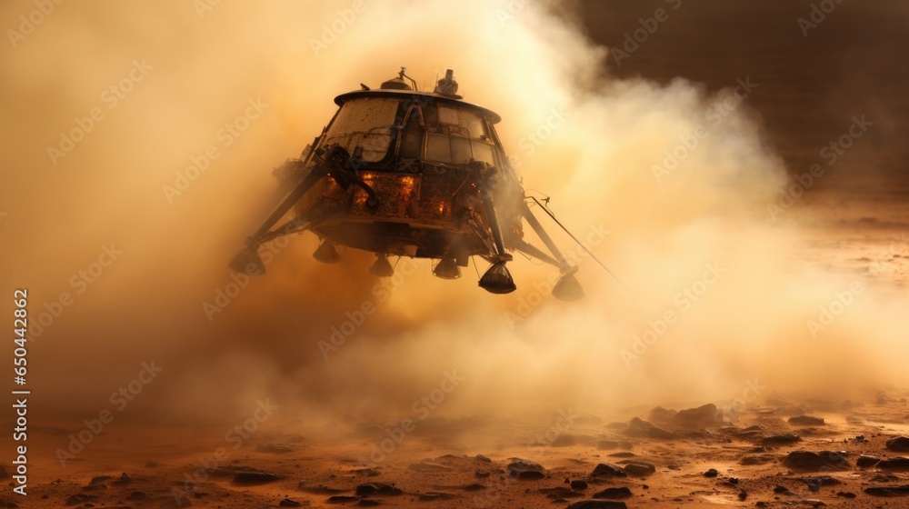 Poster a breathtaking image capturing the dramatic descent of the rovers landing module against a backdrop 