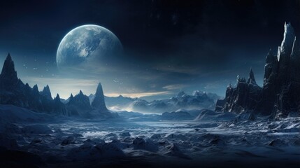 A striking image capturing the grandeur of Europas towering ice cliffs reaching towards the endless sky, showcasing the moons geological drama and history etched into its frozen landscape. Mod3f - obrazy, fototapety, plakaty