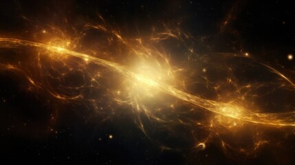 Brilliant golden tendrils burst forth from distant galaxies as cosmic rays shower the cosmos, adding a surreal touch to the vast expanse of space. Mod3f