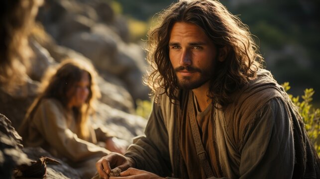 Jesus with long hair sitting on a rock. Imaginary photorealistic image.