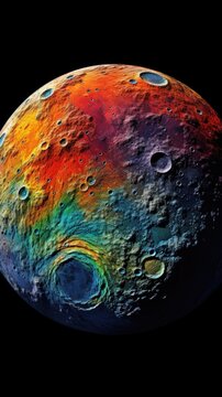 In a mesmerizing shot, the lunar surface comes alive with vibrant colors, as layers of ancient lunar soil jostle together to create a unique mosaic, resembling a celestial abstract Mod3f
