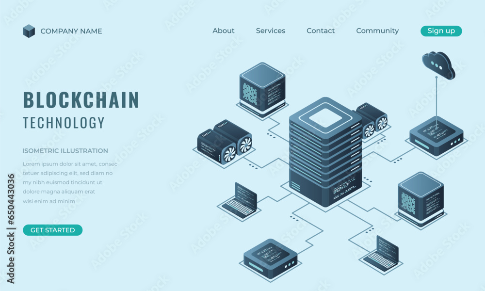 Wall mural isometric blockchain technology landing page concept. isometric cryptocurrency. digital technology w