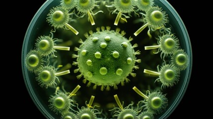 The macro image unveils a perfectly symmetrical arrangement of spherical organisms in Volvox, resembling a miniature green globe decorated with numerous intricate patterns formed Mod3f - obrazy, fototapety, plakaty