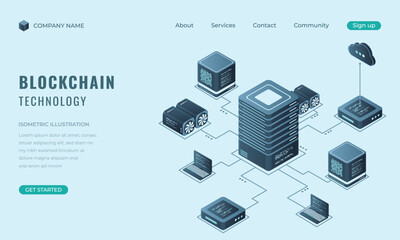 Isometric blockchain technology landing page concept. Isometric cryptocurrency. Digital technology website landing page. Vector illustration