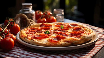 Eine appetitliche und realistische offenfrische Steinofenpizza belegt mit Salami, serviert auf einem Tisch mit Basilikum und Tomaten - obrazy, fototapety, plakaty