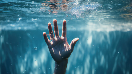 Human hand with open palm underwater in swimming pool, blue water. Creative concept of relaxation in swimming pool, copyspace. 