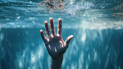 Foto op Canvas Human hand with open palm underwater in swimming pool, blue water. Creative concept of relaxation in swimming pool, copyspace.  © IndigoElf