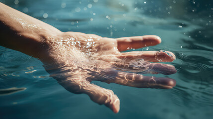 Human hand with open palm underwater in swimming pool, blue water. Creative concept of relaxation in swimming pool, copy space. 