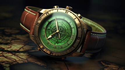 Tattoo of a Wristwatch and a Map A Luxurious Watch Theme with Brown and Green Colors