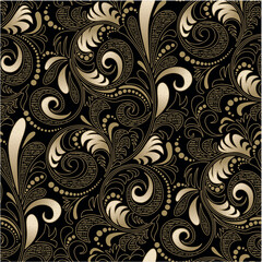 Seamless Vintage Floral Damask On Black Background 