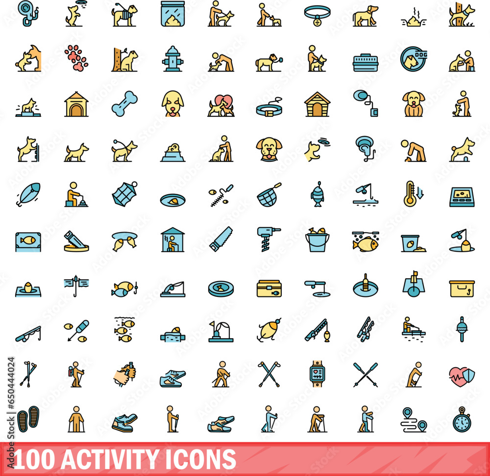 Aufkleber 100 activity icons set. color line set of activity vector icons thin line color flat on white