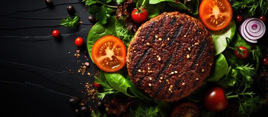 Vegan burger meal with veggies on rustic table