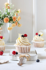 Cupcake on a rustic pedestal.
