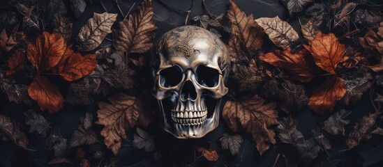 Halloween symbol with skull autumn leaves and dark natural background Symbolizes magic and mysticism - obrazy, fototapety, plakaty