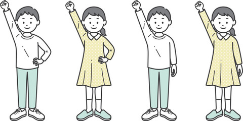 ガッツポーズをする少年少女 斜め