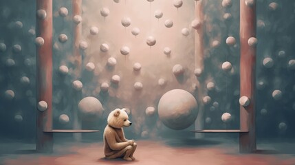 wandering lonely sad bear. sad illustration. loneliness depression concept. - obrazy, fototapety, plakaty