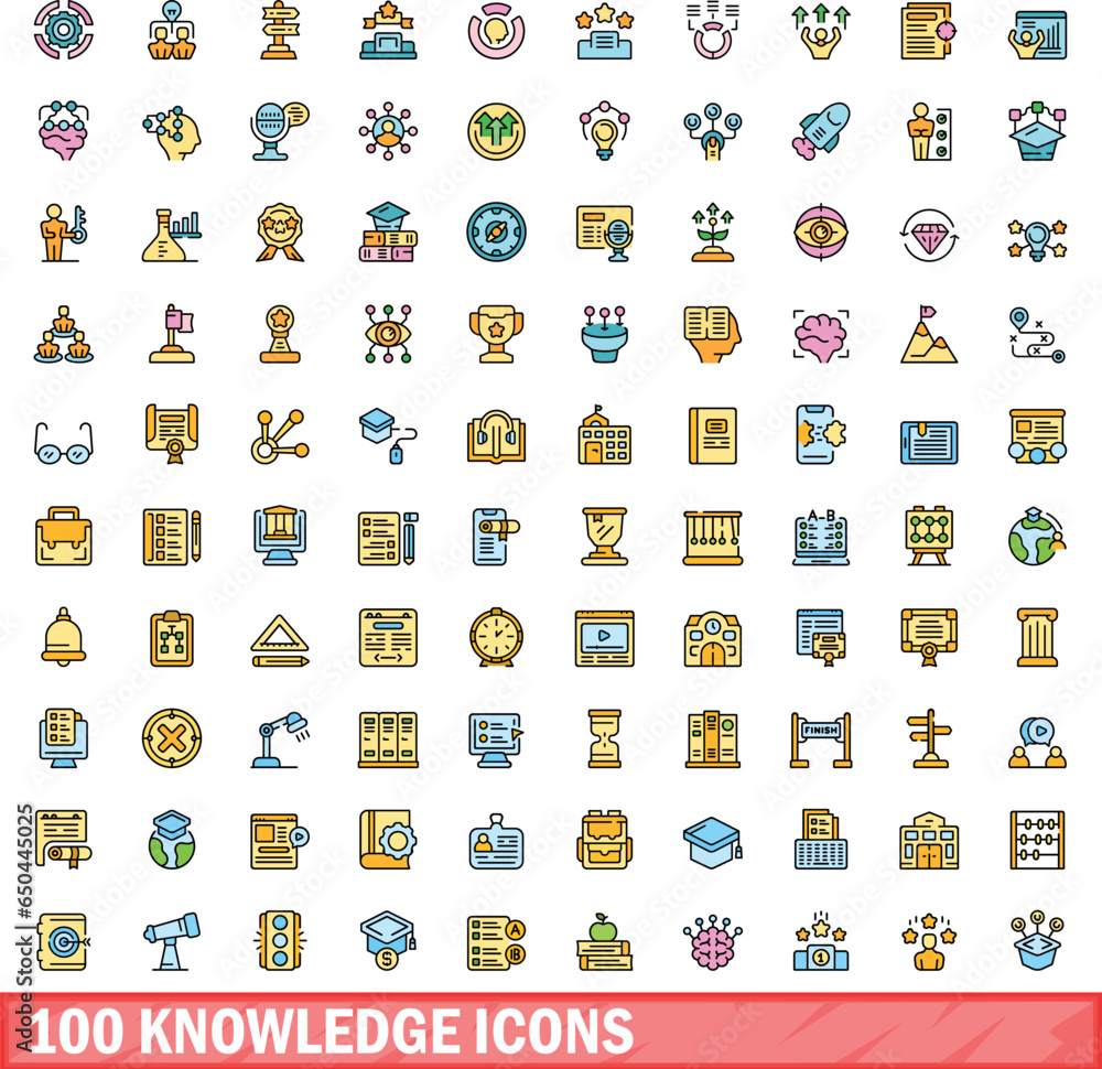 Poster 100 knowledge icons set. color line set of knowledge vector icons thin line color flat on white