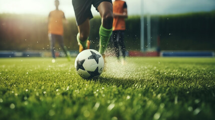 A Minimalist and Dramatic Photo of a Soccer Player Dribbling the Ball - obrazy, fototapety, plakaty