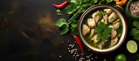 Top view of a traditional Asian bowl with green curry chicken on a dark background providing plenty of space for copying or panoramic views