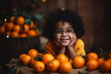 Fototapeta na wymiar Happy afro-american child posing with a lot of oranges. Generative AI
