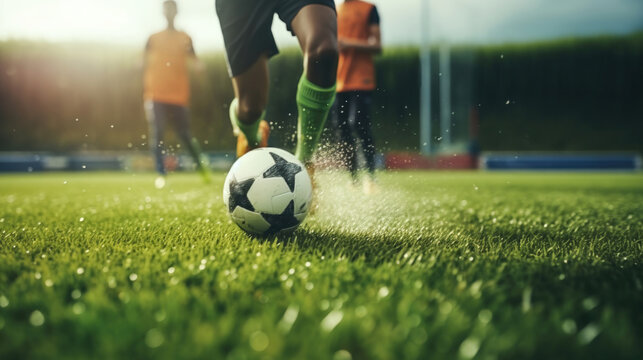 A Minimalist and Dramatic Photo of a Soccer Player Dribbling the Ball