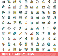 100 laboratory icons set. Color line set of laboratory vector icons thin line color flat on white