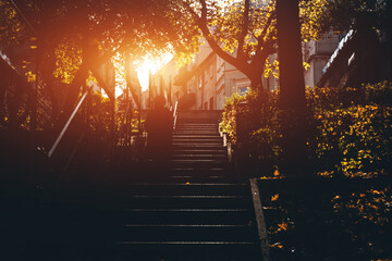 vintage stairs in autumn park of Lublin city, Poland - obrazy, fototapety, plakaty