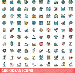 100 ocean icons set. Color line set of ocean vector icons thin line color flat on white
