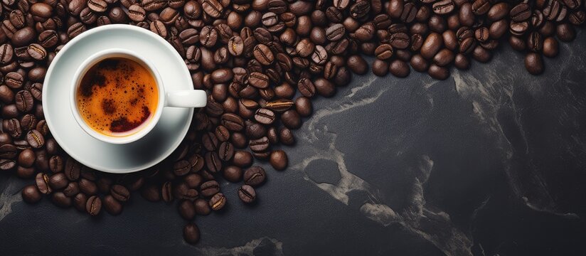 Top view image of a dark stone background with a cup of coffee and coffee beans on a horizontal banner with copy space