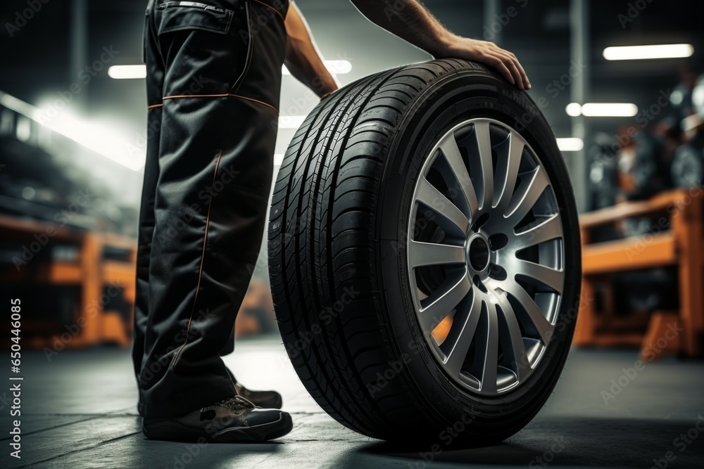 Wall mural New car tires in the garage. Background with selective focus and copy space