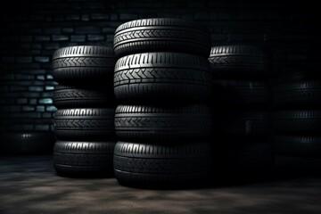 New car tires on a black background. Background with selective focus and copy space