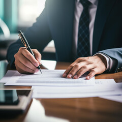 Close-up of a person's hand signing a contract with a pen on a desk, businessman writing on paper report in office.Laywer hands signing divorce papers. Signatures on legal document