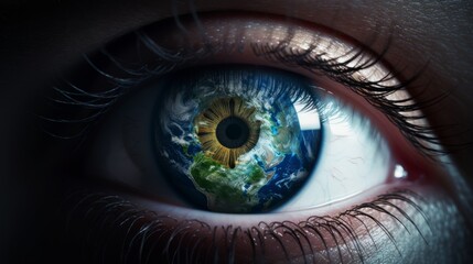 a close-up beautiful eye of a female person. with planet earth texture design in the eye iris. symbolizing mother nature and importance of ecology and environment. Generative AI	