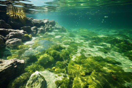 The World's Oceans Are Turning Green, Acquiring An Emerald Color. Consequences Of Climate Change. Ecology Concept.