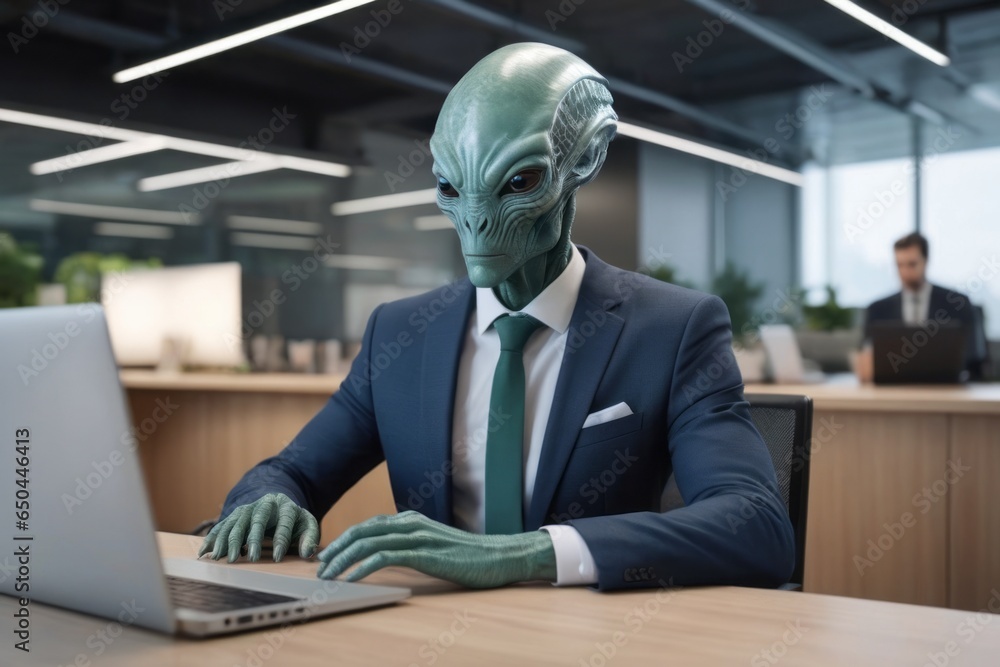 Poster alien with a laptop. portrait with selective focus and copy space