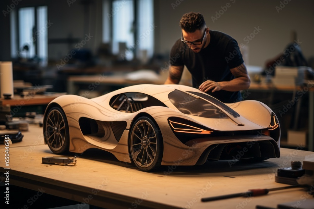 Aufkleber a model or prototype of a car in the inventions department. background with selective focus and copy