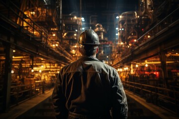 A worker in heavy industry. Portrait with selective focus and copy space