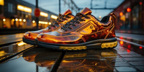 Fototapeta premium close up of shoe at platform in train station, generative AI