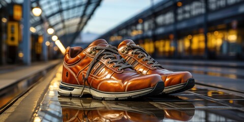 Naklejka premium close up of shoe at platform in train station, generative AI