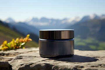 packaging or container mockup for cosmetics on the background of nature and mountains with space for text. 