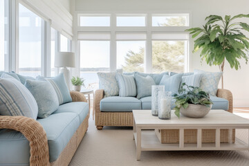 Fototapeta na wymiar Embrace the Coastal Serenity: A Nautical Haven with a Breezy Living Room, Infused with Comfortable Cottage Vibes and Sea-Inspired Coastal Elements.
