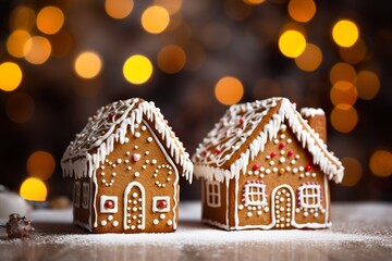 Christmas gingerbread houses with glaze on bokeh background macro photography