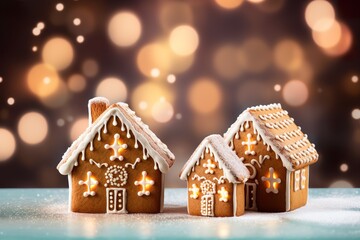 Christmas gingerbread houses with glaze on bokeh background macro photography